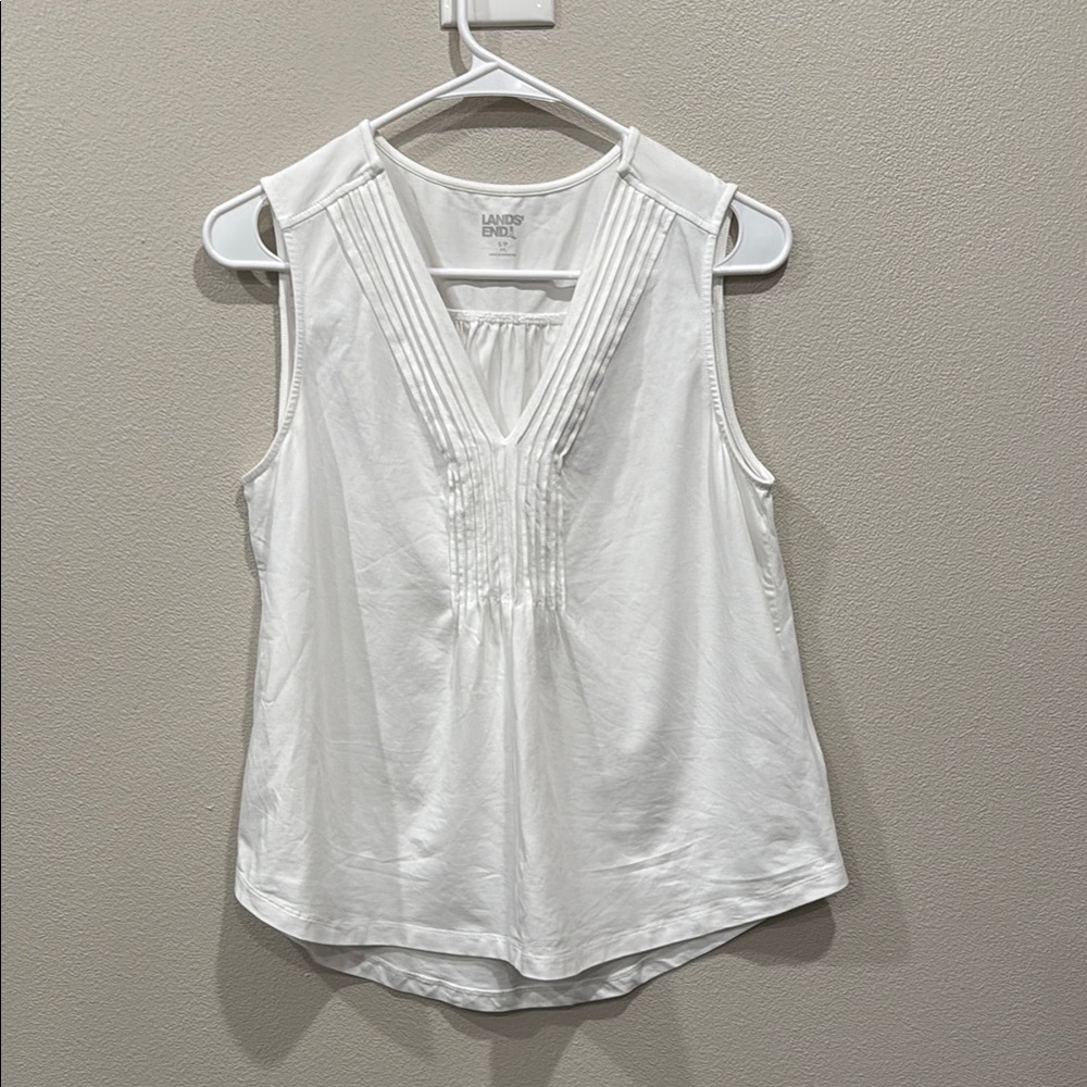 Lands' End White Pleated V-Neck Tunic Tank | Small